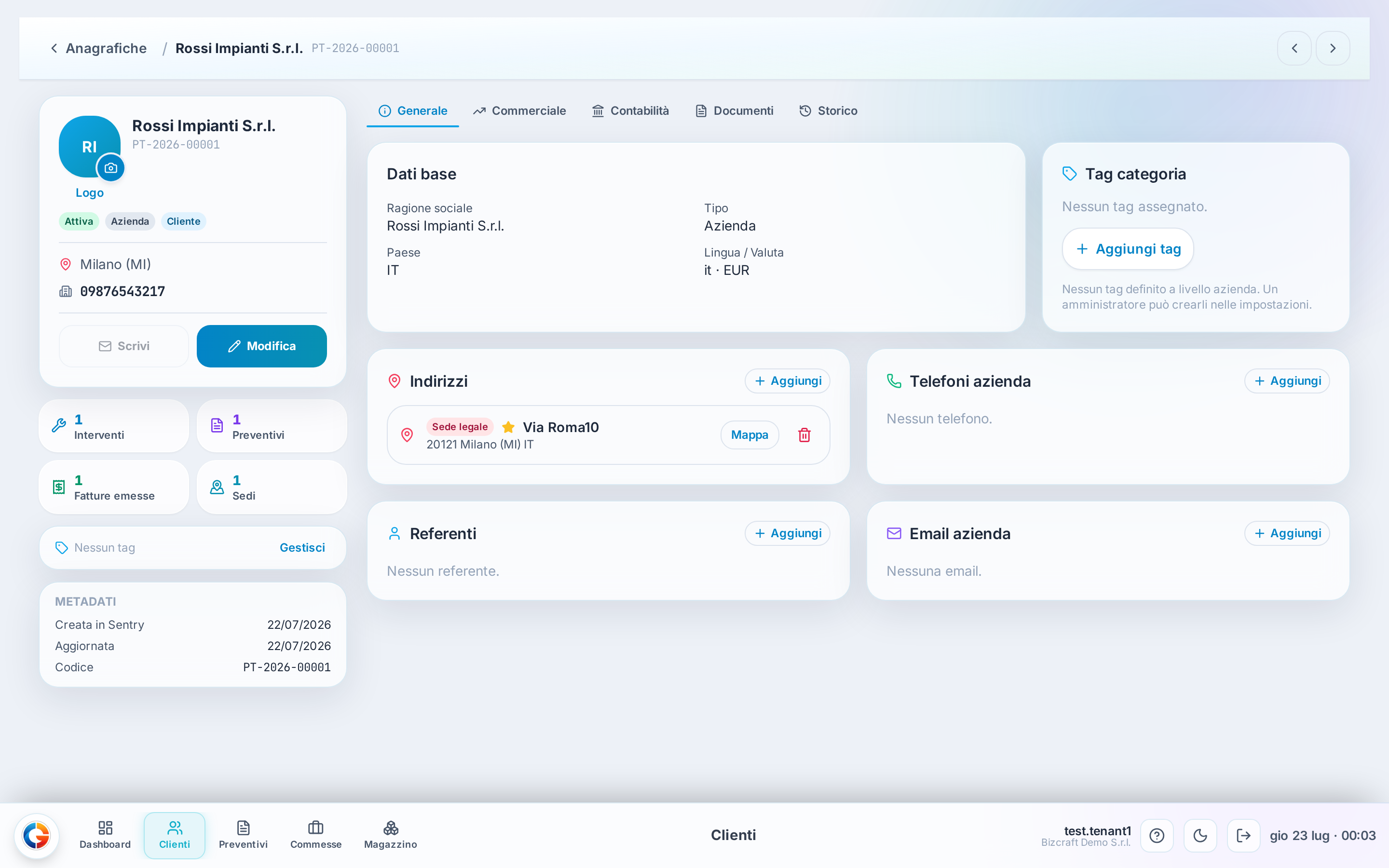 La scheda di un cliente demo: header con codice e badge, contatori Interventi/Preventivi/Fatture/Sedi e le schede Generale/Commerciale/Contabilità/Documenti/Storico sotto.