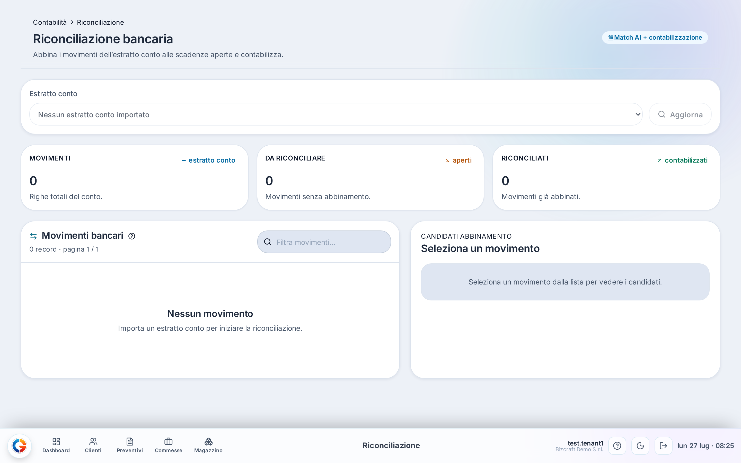 La pagina su un’azienda senza estratto conto importato: le due colonne sono vuote e il messaggio ti indica di partire dall’import.