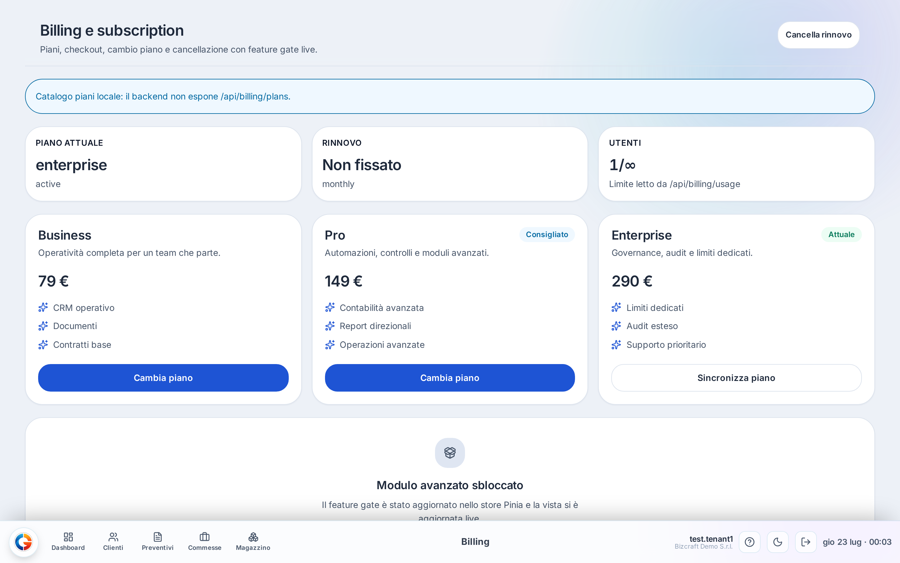 Piano attuale, rinnovo e utenti in alto; sotto le card del listino (Free, Starter, Pro, Enterprise) con prezzo mensile e annuale.