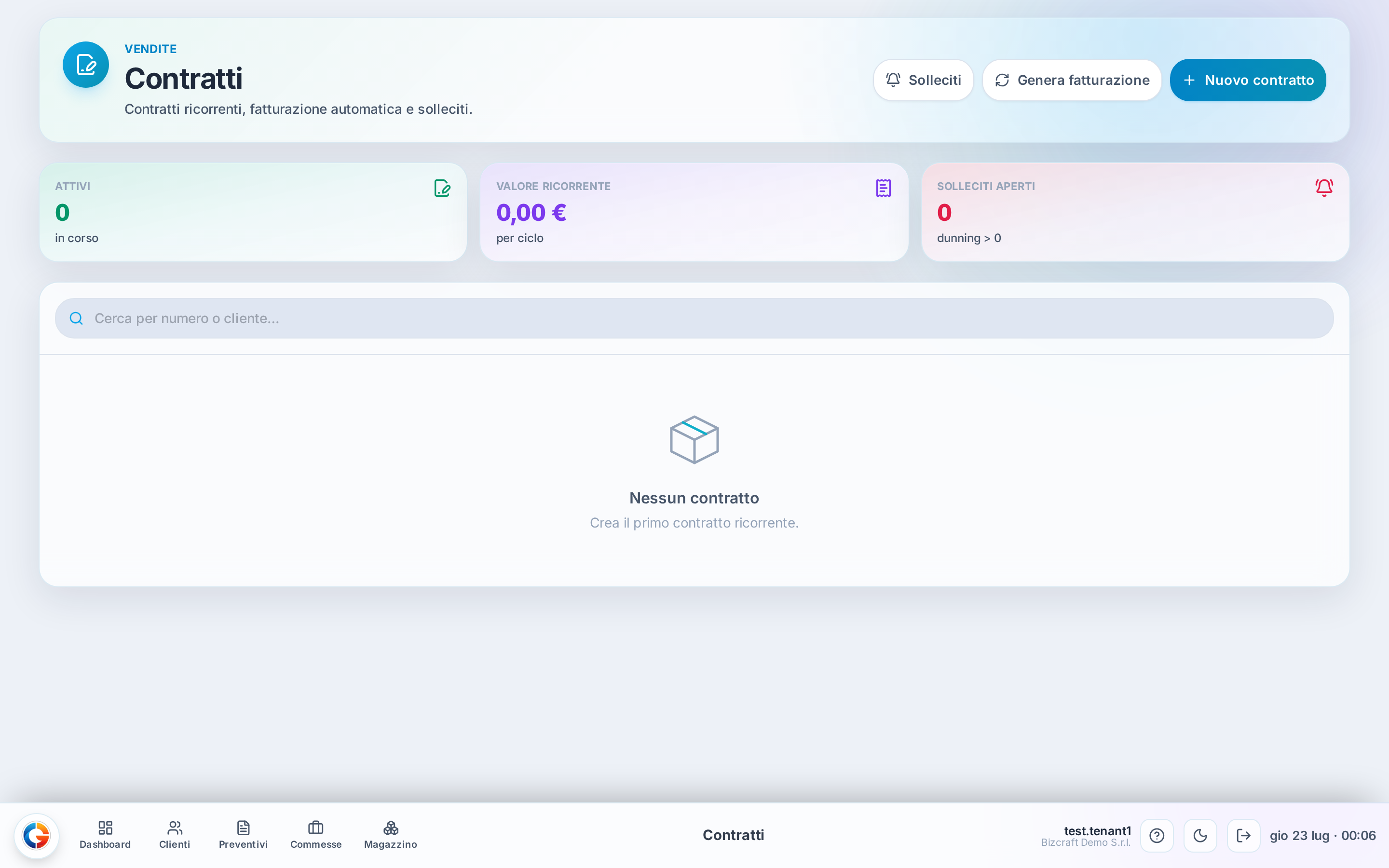 La pagina contratti sul tenant demo: contatori a zero e lista vuota con l’invito a creare il primo contratto ricorrente. A regime la tabella si popola e i numeri in alto si accendono.